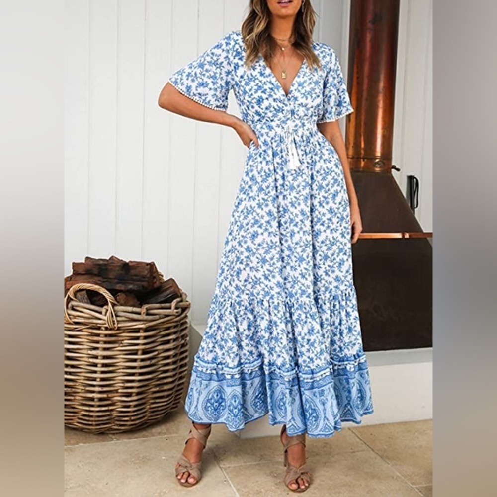 R. Vivimos blue and white floral maxi dress ; Boho